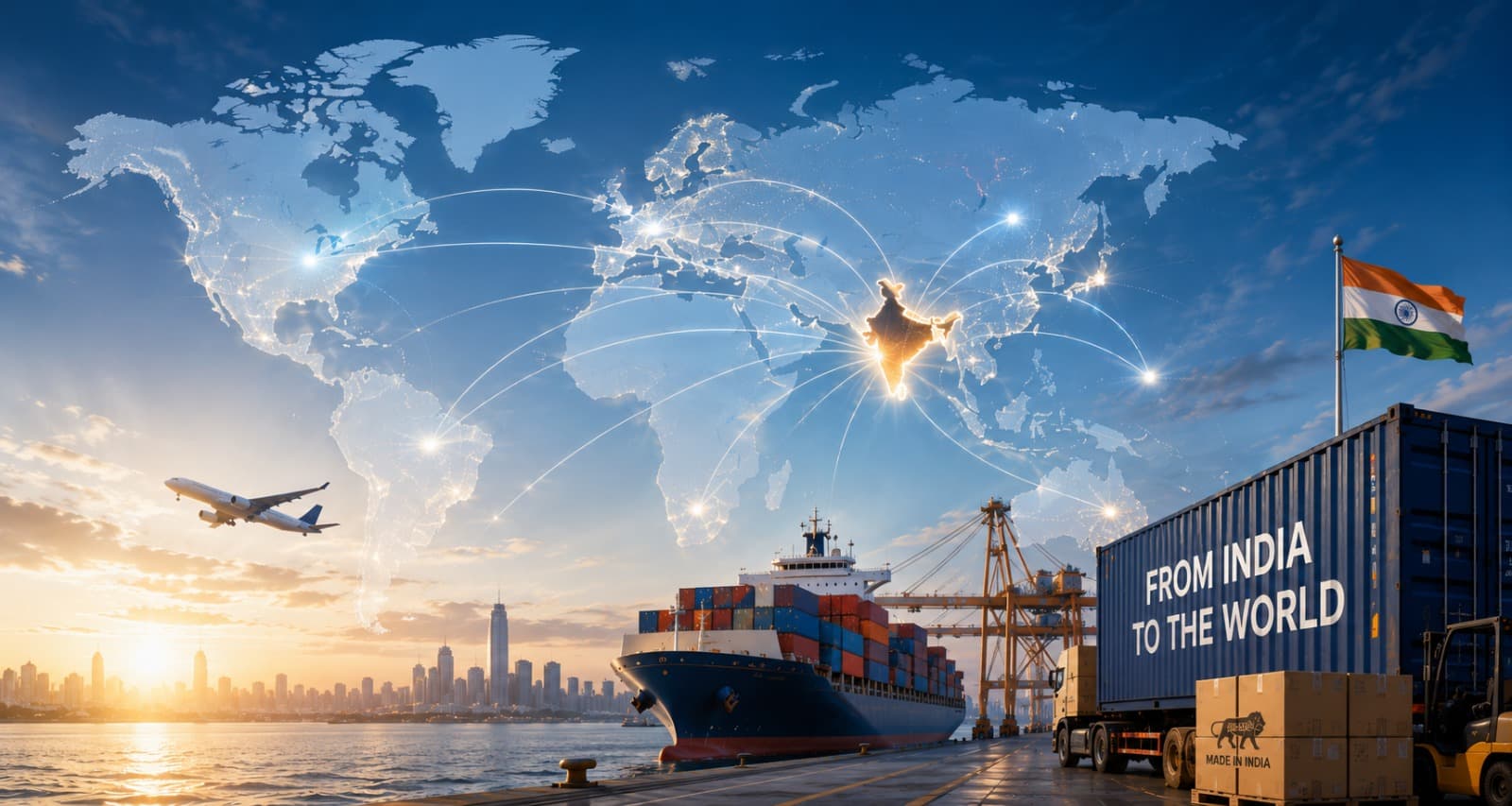 Indian port shipping container labelled 'From India to the World' with a cargo ship, plane and world trade map — Homepage — ExportGTM